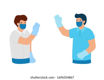 Greeting from distance in protective gloves and mask. Business relations at distance. Conclusion of contract for pandemic, disease. Vector illustration