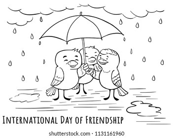 Greeting doodle card Day of friendship - under umbrells with friends together