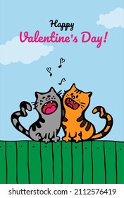 Greeting doodle card with holiday and cats in love on the fence and text happy valentine-s day