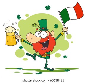 Greeting Of A Drunk Leprechuan Dancing With Beer And A Flag