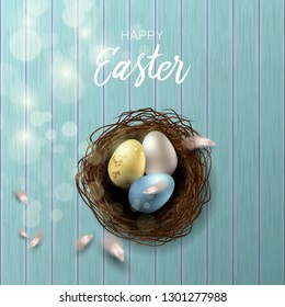 Greeting Easter background with realistic Easter eggs and chicken feathers. Top view with copy space