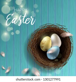 Greeting Easter background with realistic Easter eggs and chicken feathers. Top view with copy space