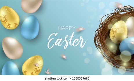 Greeting Easter background with realistic Easter eggs and chicken feathers. Top view with copy space