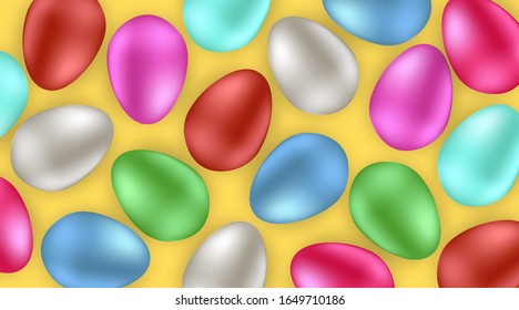 Greeting Easter background with realistic Easter eggs. Top view with copy space