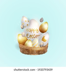 Greeting Easter background with realistic Easter eggs in the basket. A set of gold and white eggs of different sizes with patterns. Vector template for a banner.