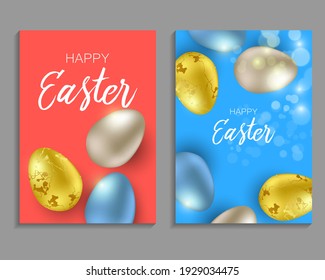 Greeting Easter background with realistic Easter eggs. Top view with copy space