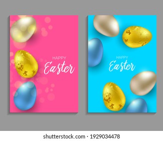 Greeting Easter background with realistic Easter eggs. Top view with copy space