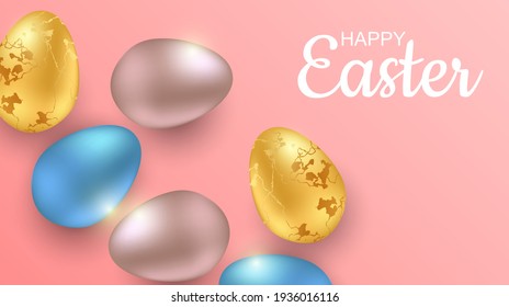 Greeting Easter background with realistic Easter eggs. Top view with copy space