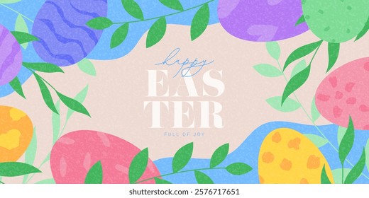 Greeting Easter banner template. Creative Easter vector illustration with Easter eggs, spring plants. Holiday background for design of party, celebration, ad, branding, cover, card, sale.