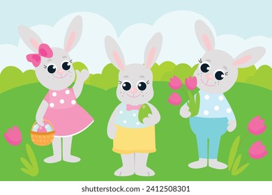 Greeting Easter card. Easter bunnies are standing in the middle of a green meadow. Illustration of a scene in a cartoon style.