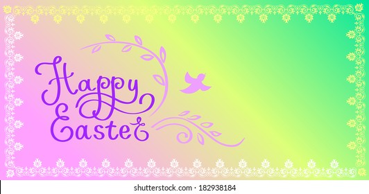 Greeting easter card, calligraphic font composition with a birdie on a bright multicolor background with a fringing from a lacy tape.
