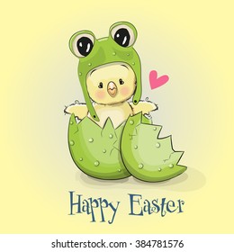 Greeting Easter card Chicken in a frog hat