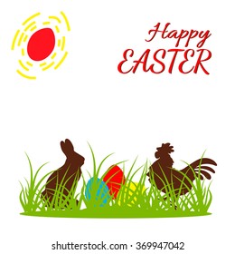 Greeting Easter card with a chocolate rabbit, rooster, easter eggs in the grass on a white background. Vector.