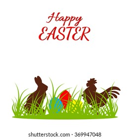 Greeting Easter card with a chocolate rabbit, rooster, easter eggs in the grass on a white background. Vector.