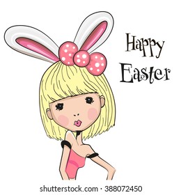  Greeting Easter Card Cute Cartoon Girl with rabbit ears