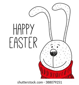 Greeting Easter Card with Cute Cartoon drawing Bunny in sweater