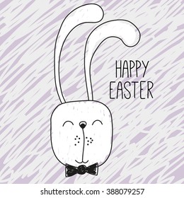 Greeting Easter Card with Cute Cartoon drawing Bunny with a bow tie