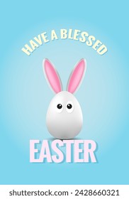 Grußkarte Ostern mit niedlichem Ei-Charakter mit Häschen-Ohren auf blauem Hintergrund. Vektorgrafik