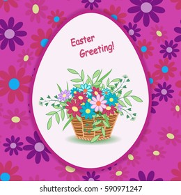 Greeting Easter card design of beautiful wicker basket full of flowers.White Easter egg floral on a bright pink background.Spring vector illustration.