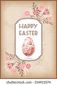 Greeting Easter card with egg and flowers. Vector.