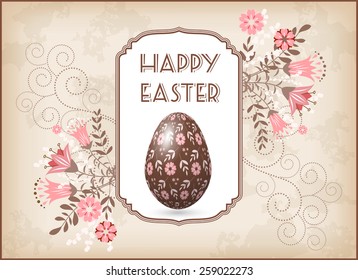Greeting Easter card with egg and flowers. Vector.