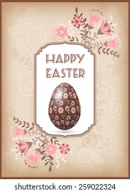 Greeting Easter card with egg and flowers. Vector.