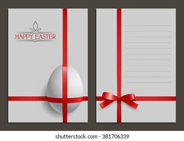 Greeting Easter card with egg, red ribbon and bow. Vector.