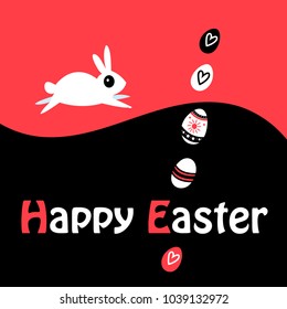 Greeting Easter greeting card with eggs and rabbit on a bright background