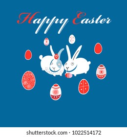 Greeting Easter card with eggs and rabbits