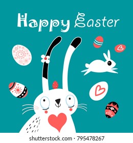 Greeting Easter greeting card with eggs and rabbits on a bright background