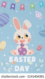 Greeting Easter card with holiday bunny and Easter eggs - Vector illustration