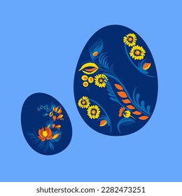 Tarjeta de felicitación de Pascua. Huevo pintado con patrones inusuales en la pintura tradicional ucraniana de Petrykivka. Elementos de adorno floral azul y amarillo. Composición decorativa.