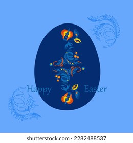 Greeting Easter card. Painted egg with unusual patterns in the traditional Ukrainian Petrykivka painting. Elements of blue and yellow floral ornament. Decorative composition.