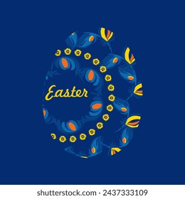 Greeting Easter card. Painted egg with unusual patterns in the traditional Ukrainian painting. Floral ornament. Decorative composition.