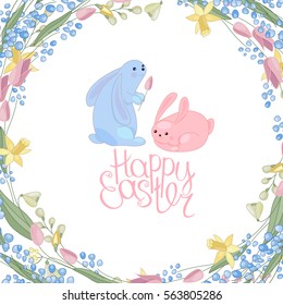 Greeting easter card with rabbits, flowers, herbs and phrase Happy Easter. Blue and red color. White background.