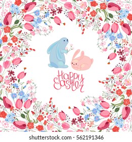 Greeting easter card with rabbits, tulips, herbs and phrase Happy Easter. Red and blue color. White background.