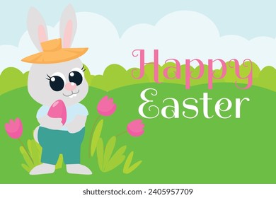 Greeting Easter card. A small cute Easter bunny is standing with a painted egg in his hands. Illustration in cartoon style for holidays.