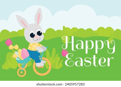 Greeting Easter card. Spring illustration of a cute bunny on a bicycle. Bunny in cartoon style for holidays.