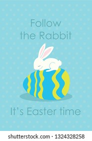 Greeting Easter card template with cute sleeping bunny on blue background and greeting text. Hand drawn vector illustration. 