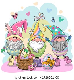 Greeting Easter card with Three Cute Cartoon Gnomes