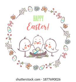 Greeting Easter card. Three little birds with nest of Easter eggs in a round frame of floral elements and Easter eggs.