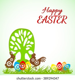 Greeting Easter card with a tree, chocolate rabbit, rooster, easter eggs in the grass. Vector.