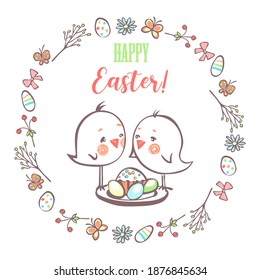 Grußkarte für Ostern. Zwei Vögel auf einem Teller mit Osterkuchen und Ostereiern in einem runden Rahmen von Blumenelementen und Ostereiern.