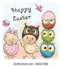 Greeting Easter card Two Chicks and Owls