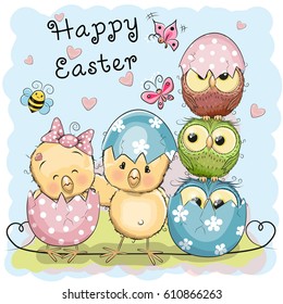 Greeting Easter card Two Chicks and Owls
