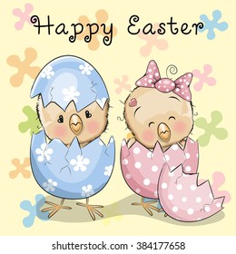 Greeting Easter card Two hatched chicks on a flowers background