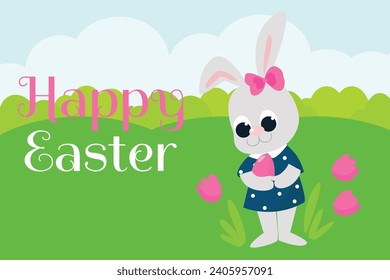 Greeting Easter card. A very cute girl rabbit stands near flowers and holds a colored egg in her hands. 