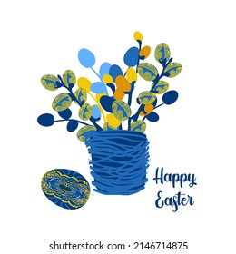 Greeting Easter card with willow branches. Painted eggs with unusual patterns in traditional Ukrainian colors