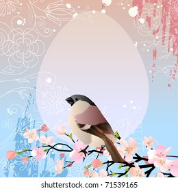 Greeting easter card wirh sparrow on blossoming branch