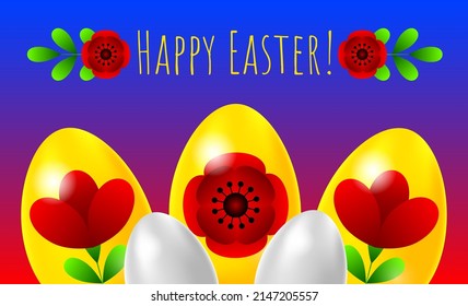 Greeting Easter horizontal card in vector with white and yellow Easter eggs, flowers and an inscription Happy Easter!
